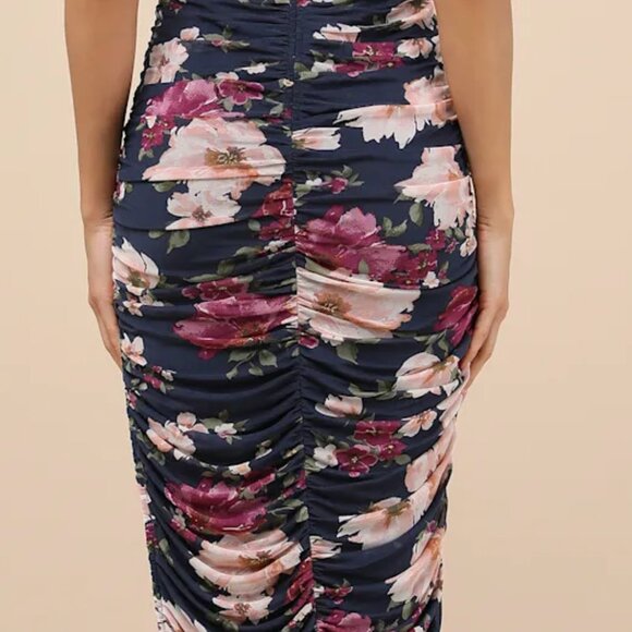Lulus Averie Navy Floral Mesh Strapless Maxi Dress Blue - Size S - Picture 6 of 7